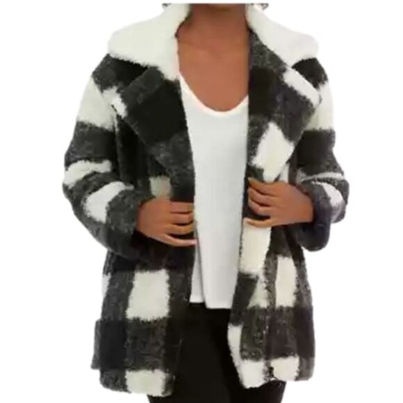 C&C California black and white Buffalo windowpane plaid teddy coat jacket plus 2 - Picture 2 of 9